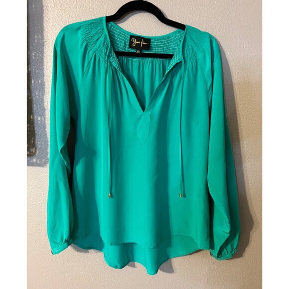 Yumi Kim Top XS Extra Small Silk Green Smocked 3/4 Long Sleeve - Picture 8 of 9